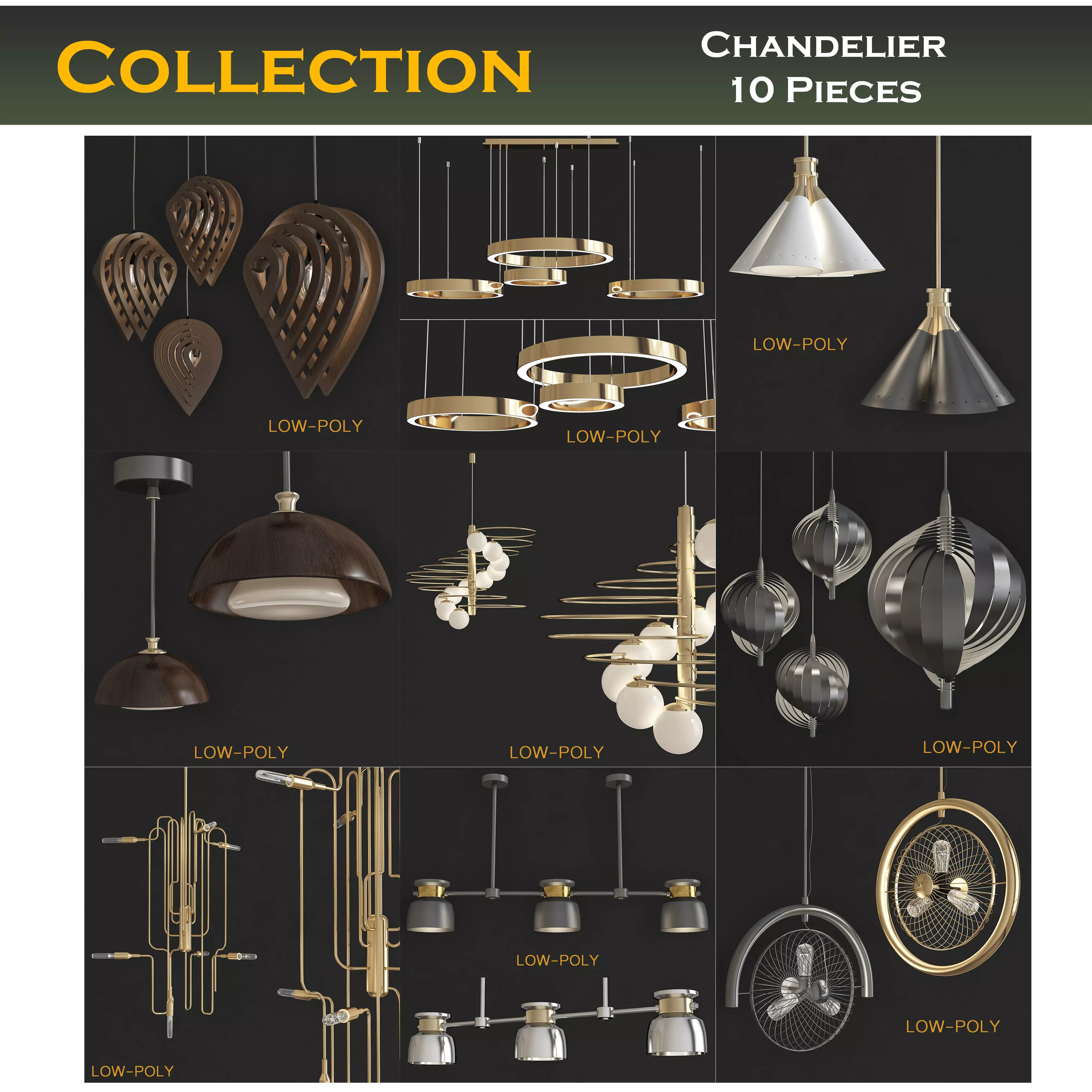 Chandelier 3d model collection 10 Pieces Low-poly 3D model_0