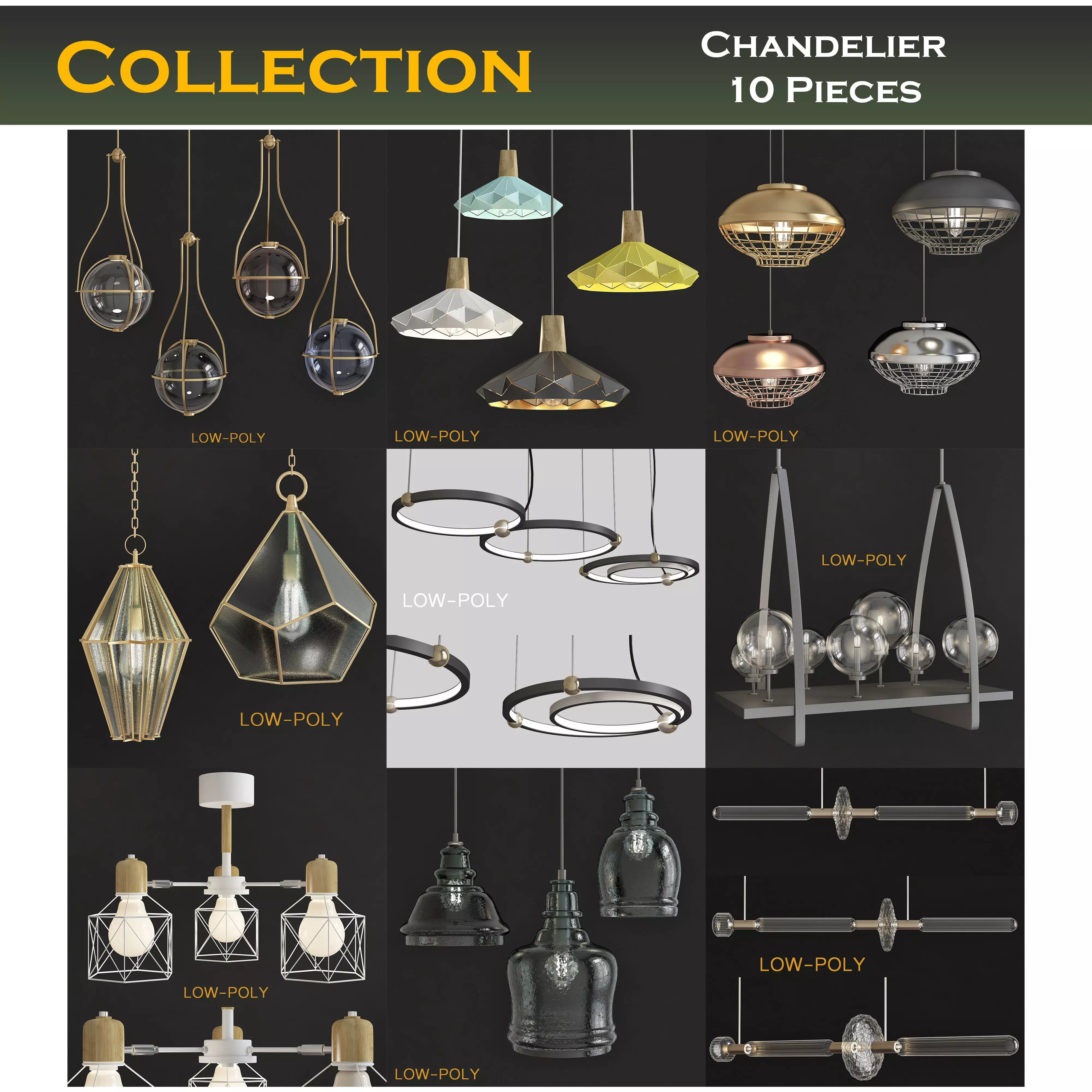 Chandelier 3d model collection 10 Pieces Low-poly 3D model_0