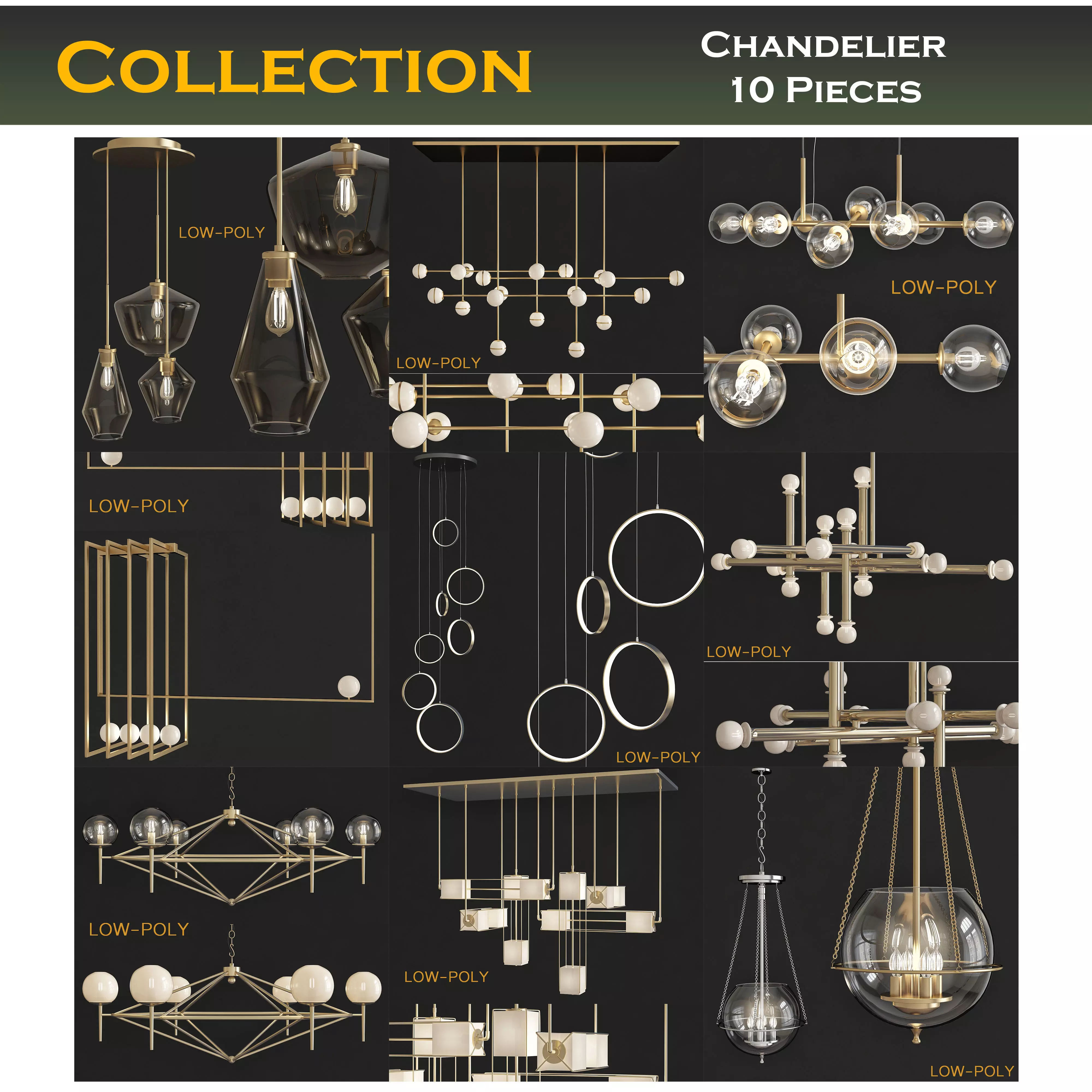 Chandelier 3d model collection 10 Pieces Low-poly 3D model_0