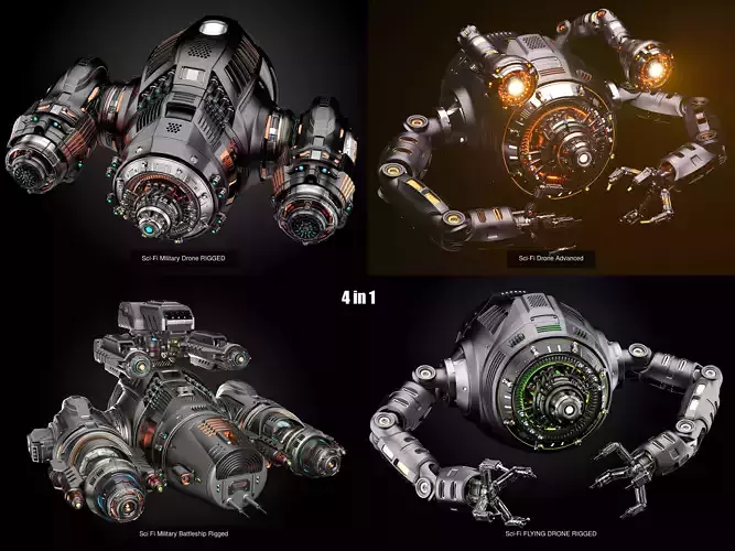 4 sci-fi drones pack 3D Model Collection