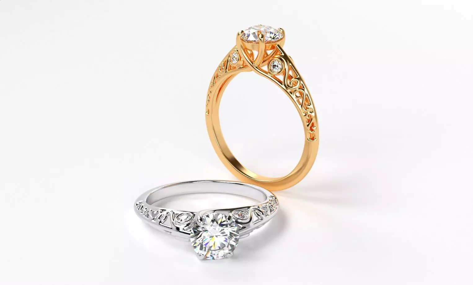 classic gold engagement ring with 1ct diamond 3D print model