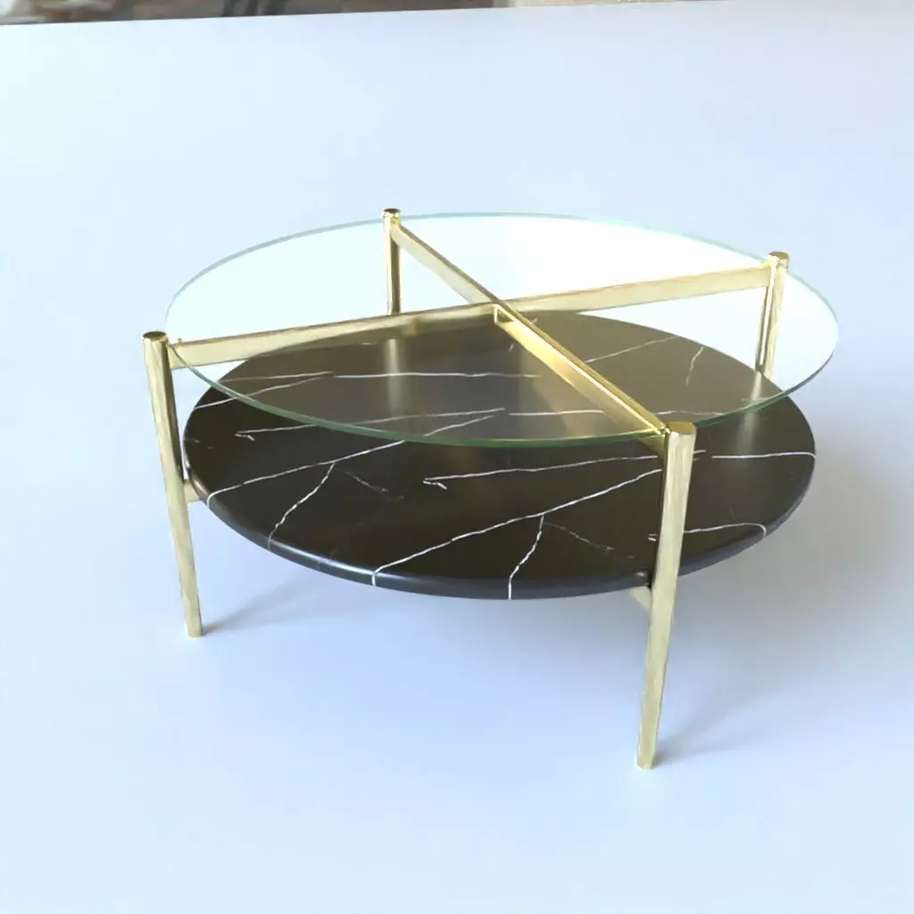 Coffee Table gold marble wood - Mid-Century Art Display Round  3D model_0