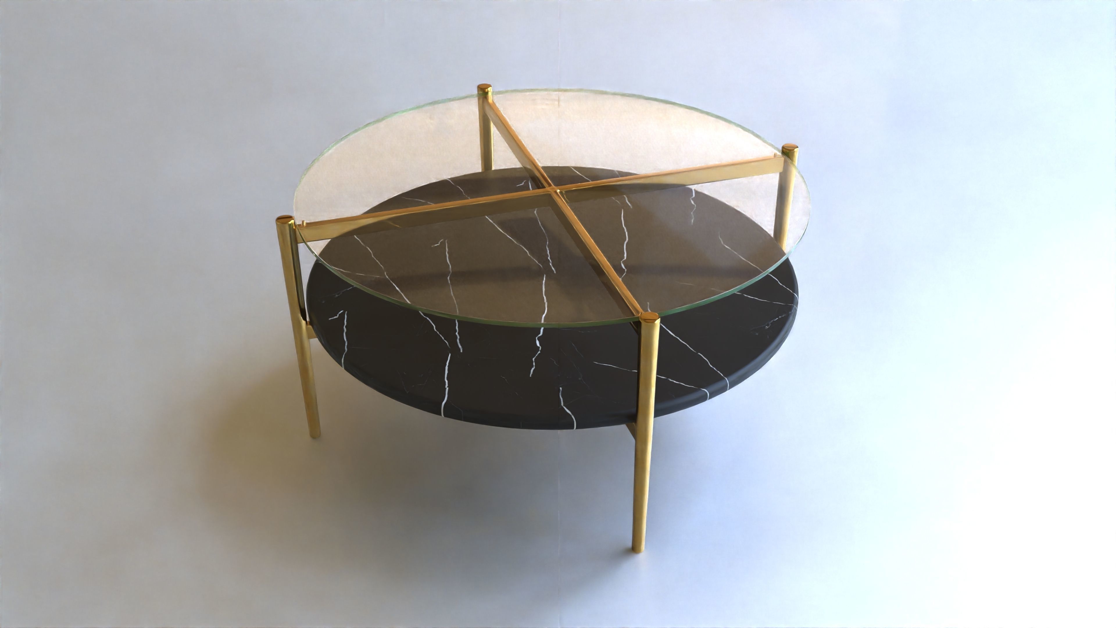 Coffee Table gold marble wood - Mid-Century Art Display Round  3D model_7