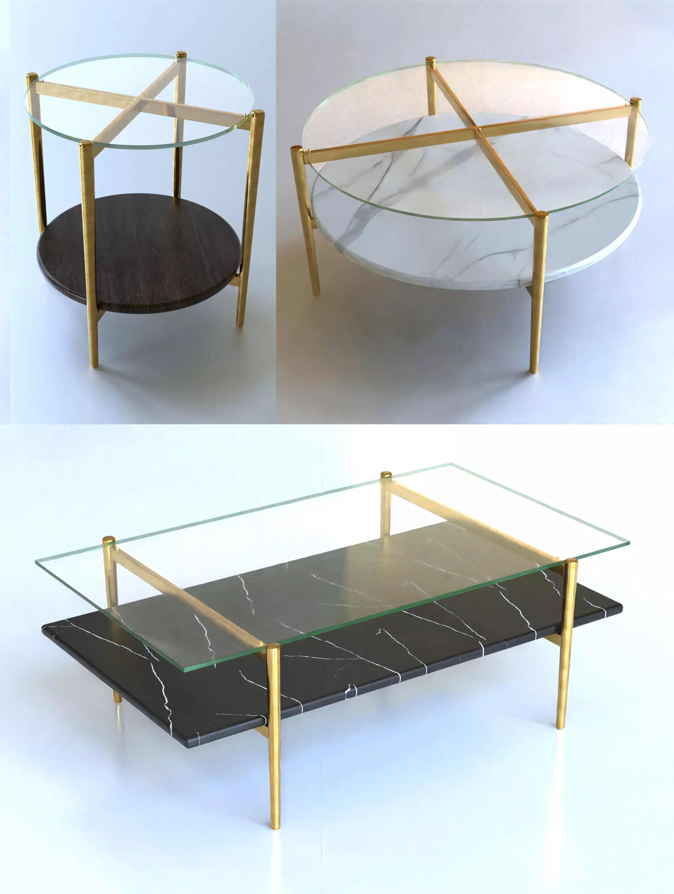 Coffee Table gold marble wood - Mid-Century Coffee Tables 3D Model Collection_0