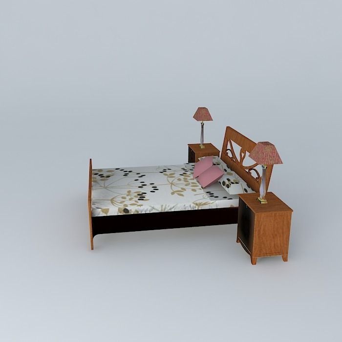Queen size bed with nigth table. Free 3D model_2