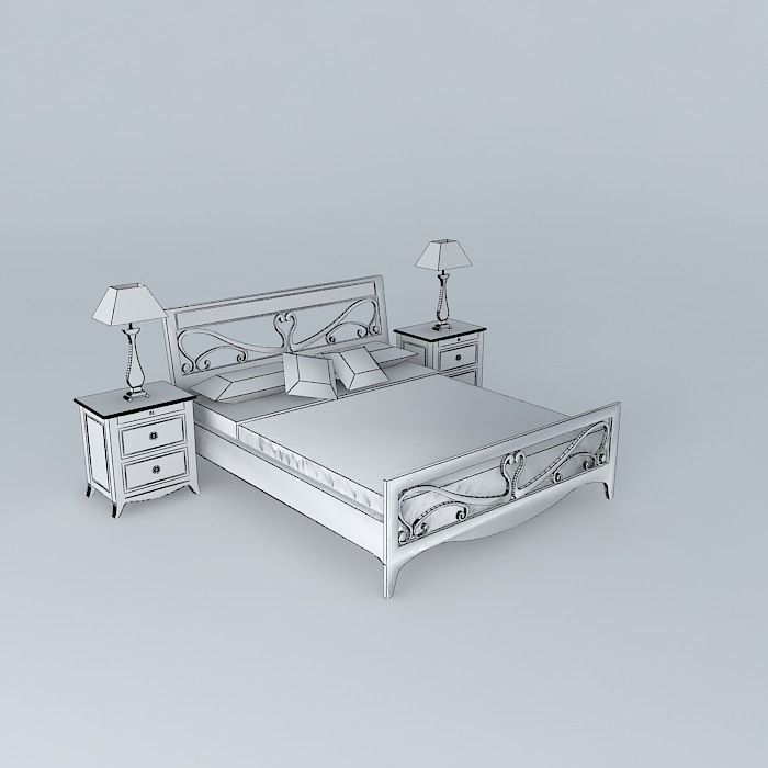 Queen size bed with nigth table. Free 3D model_3