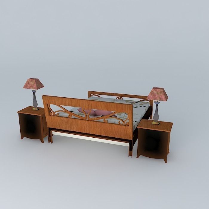 Queen size bed with nigth table. Free 3D model_1
