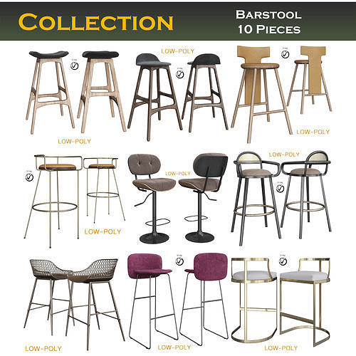 Barstool 3d model Collection two wicker bar stools Low-poly 3D model