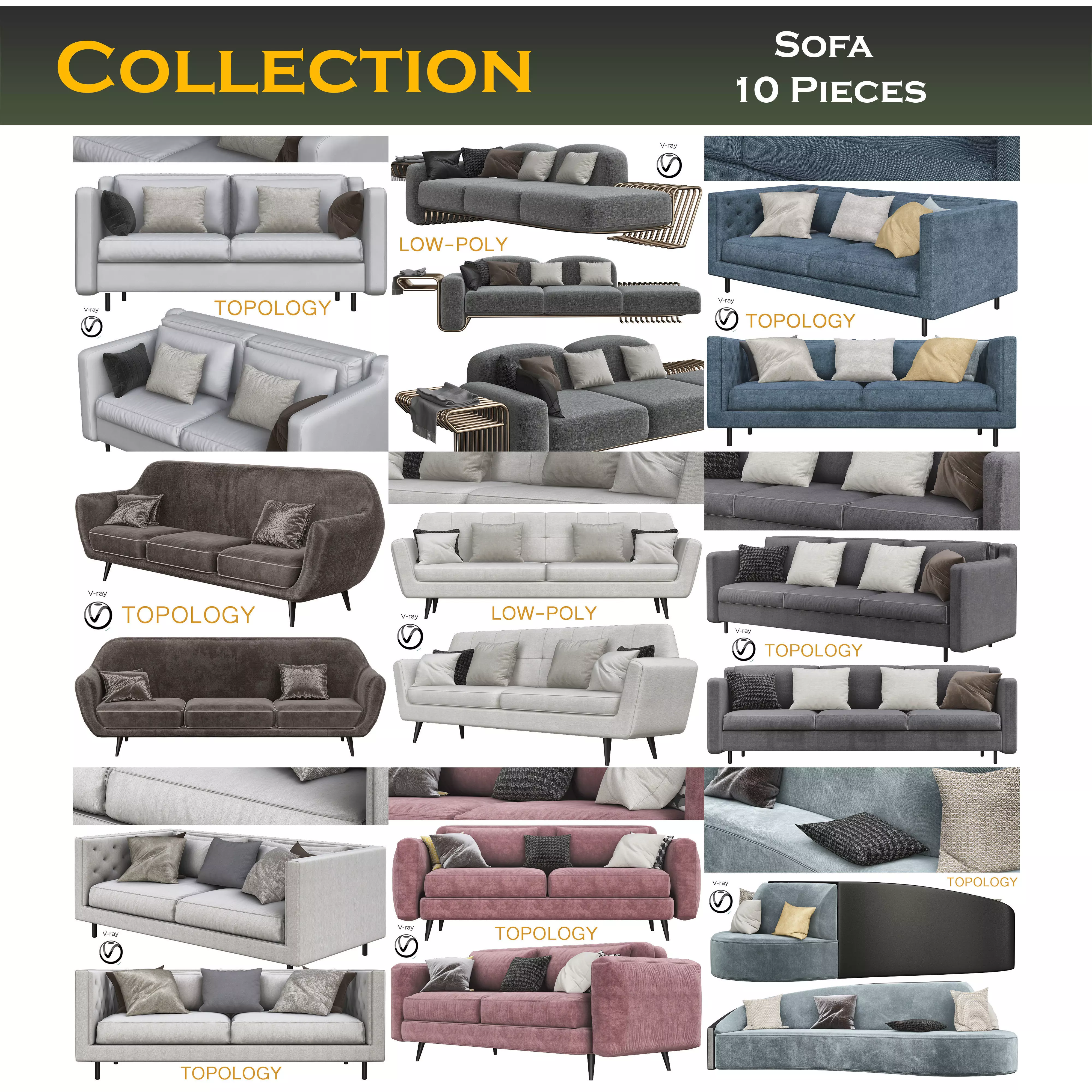 Sofas 3d model collection topology sofa Low-poly 3D model_0