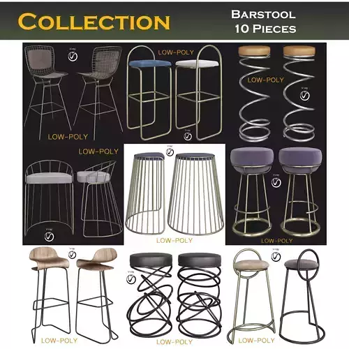 Barstools 3d model collection two rattan bar stools Low-poly 3D model