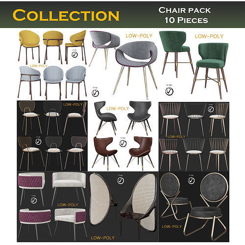 Chairs 3d model collection chair pack pieces Low-poly 3D model
