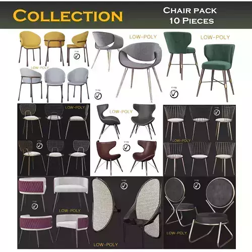 Chairs 3d model collection chair pack pieces Low-poly 3D model