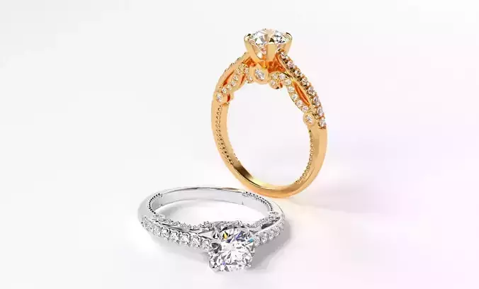 classic gold engagement ring with 1ct diamond 3D print model