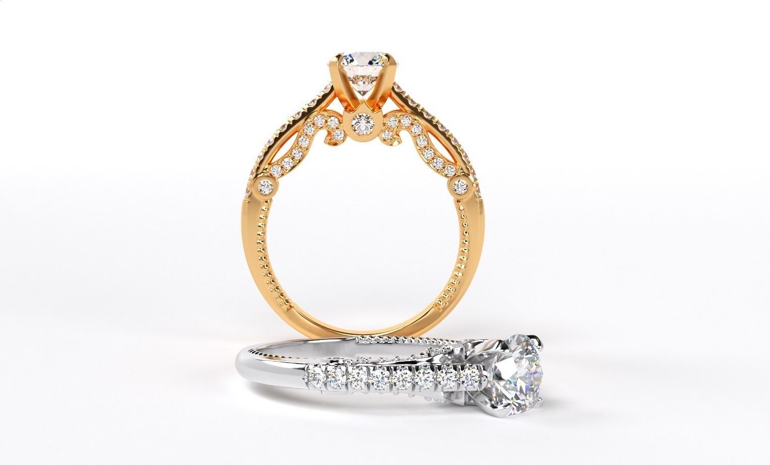 classic gold engagement ring with 1ct diamond 3D print model_1