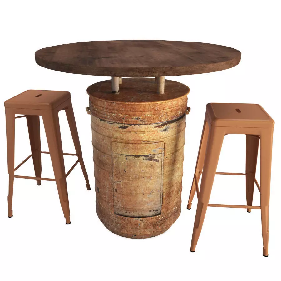 Orange Barrel Table and Tolix Barstools 3D model_0