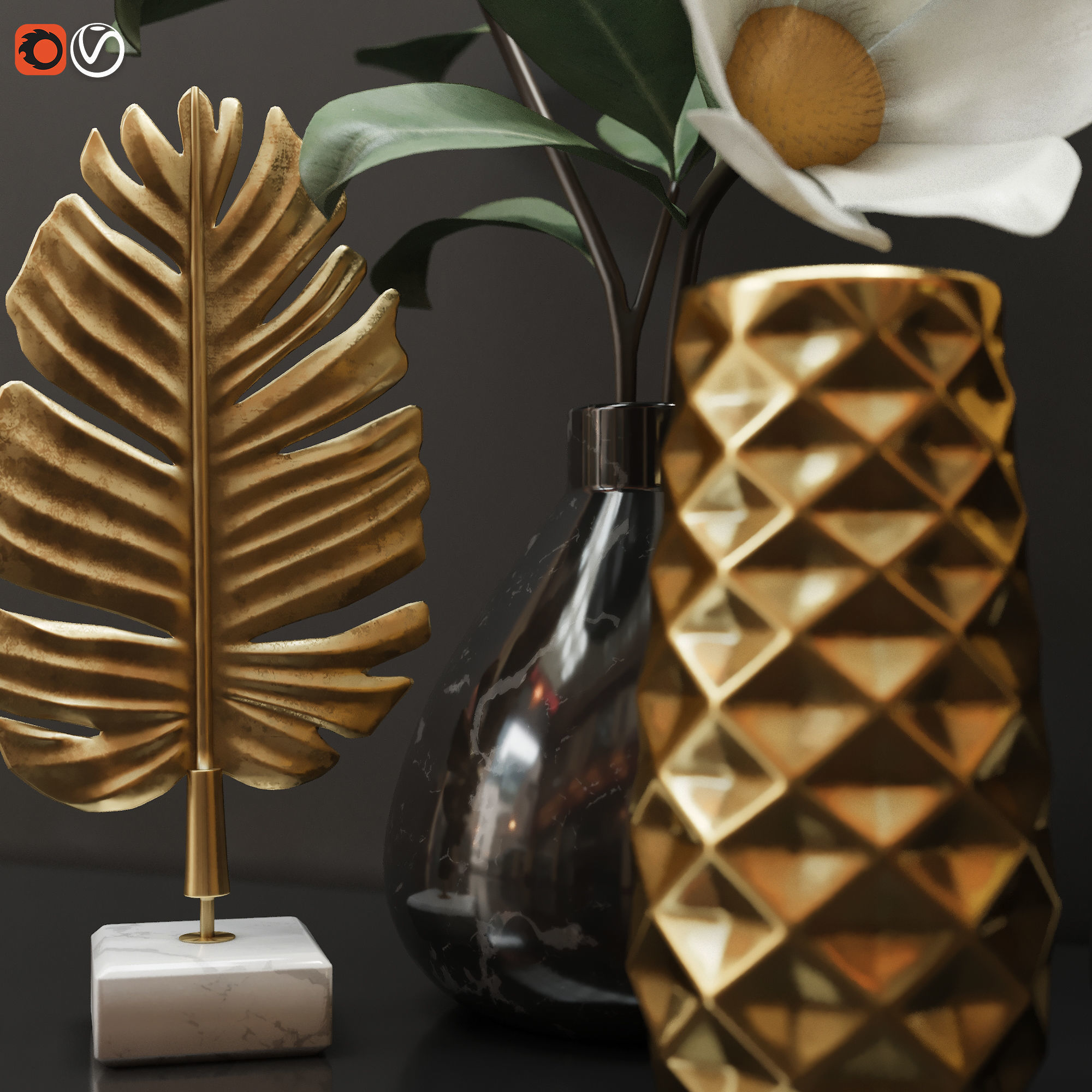 Decorative set gold leaves and vases on table 3D model_1