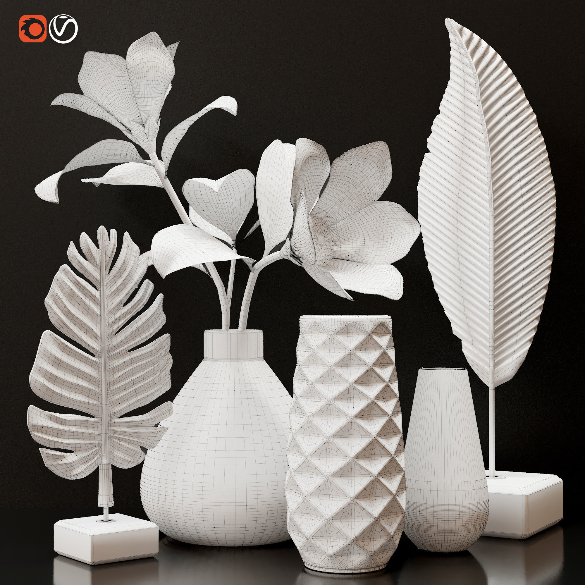 Decorative set gold leaves and vases on table 3D model_2