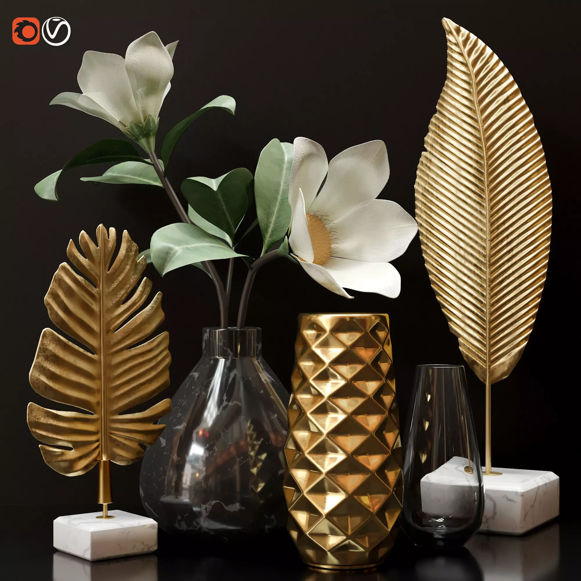 Decorative set gold leaves and vases on table 3D model_0