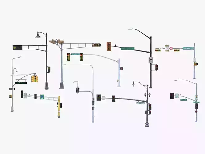 10 Street Light with Traffic Low-poly 3D model