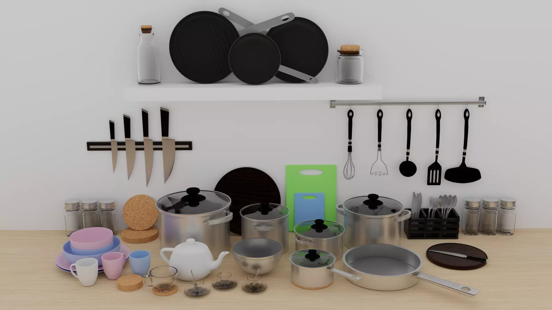 Cookware Set of pans on shelf 3D model