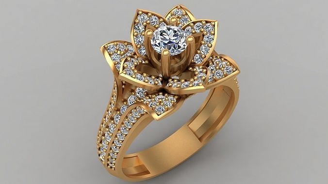 Lotus Flower Diamond Gold Engagement Ring 3D print model