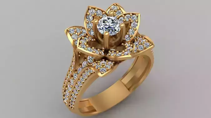 Lotus Flower Diamond Gold Engagement Ring 3D print model