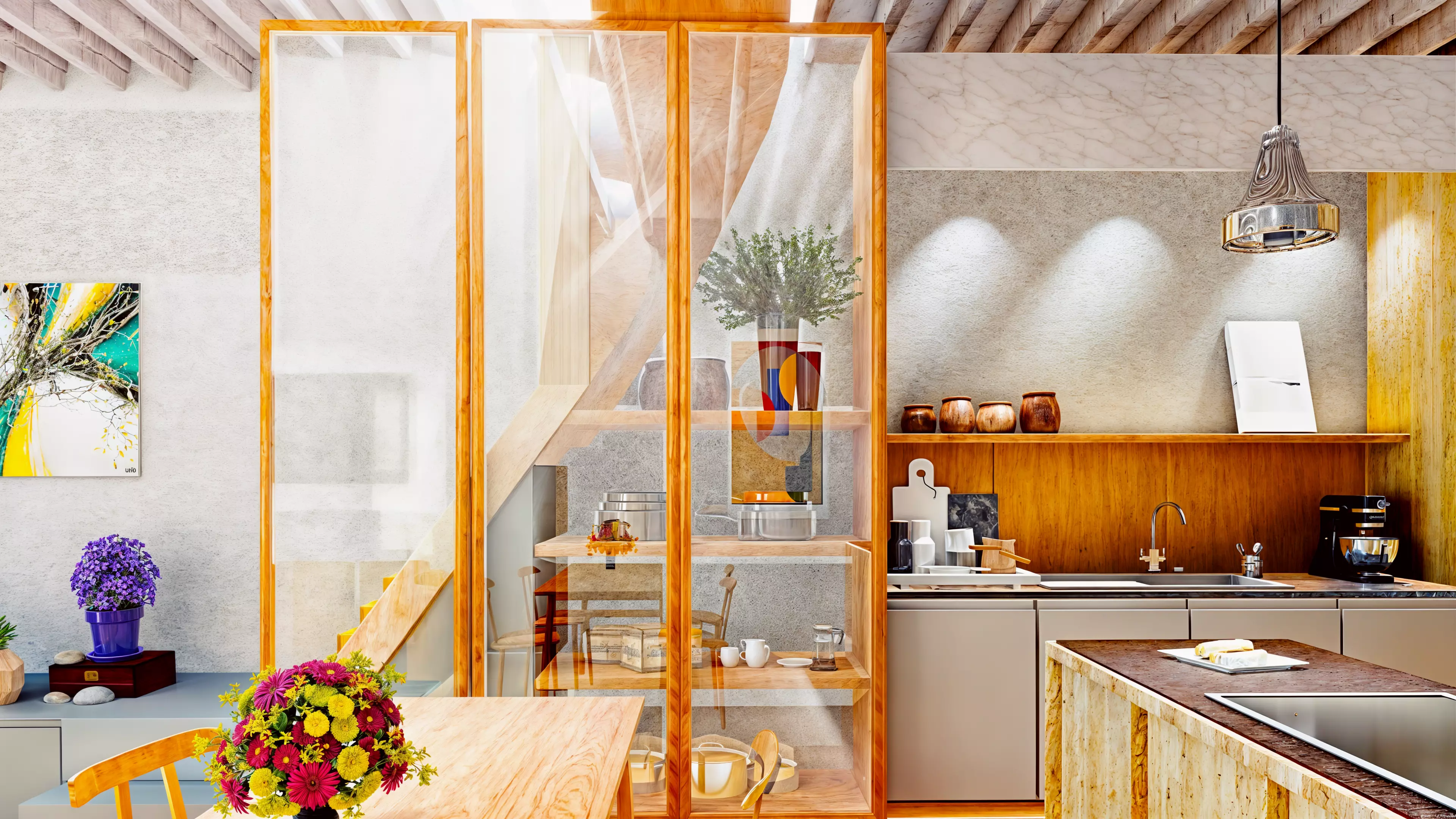 Modern living room and kitchen 3D model_0