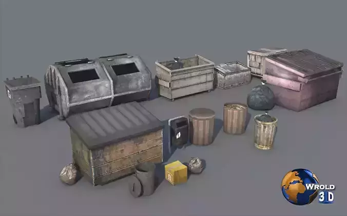 lowpoly dirty trash bag and container collection pack 3d model
