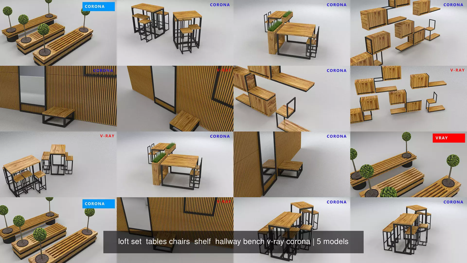 loft set  tables chairs  shelf  hallway bench v-ray corona 3D Model Collection_5