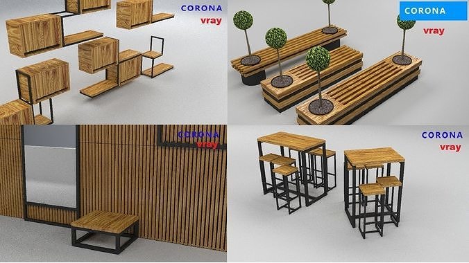 loft set  tables chairs  shelf  hallway bench v-ray corona 3D Model Collection