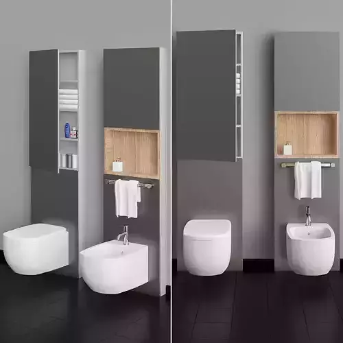 bathroom with two sinks and toilet