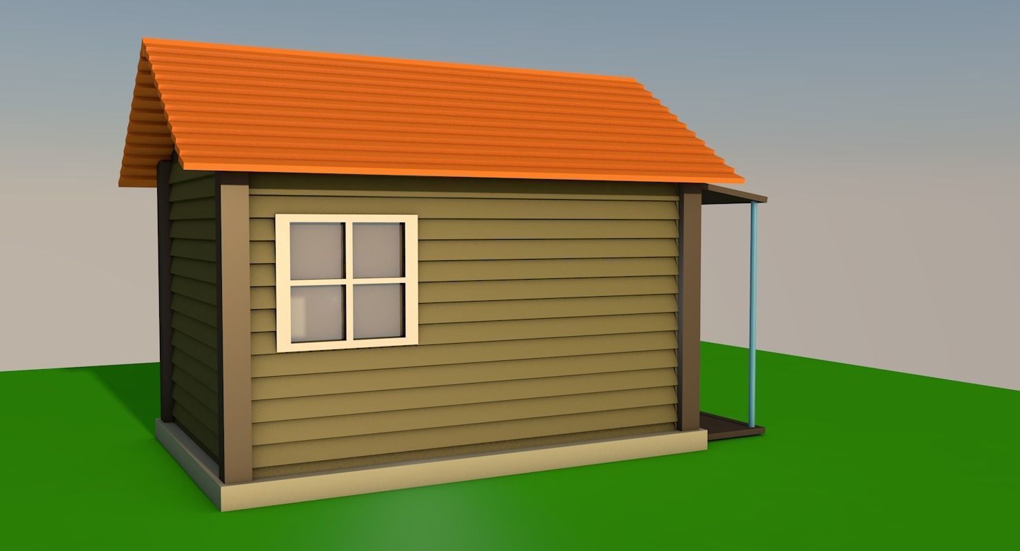 Low poly house on grassy field Low-poly 3D model_1