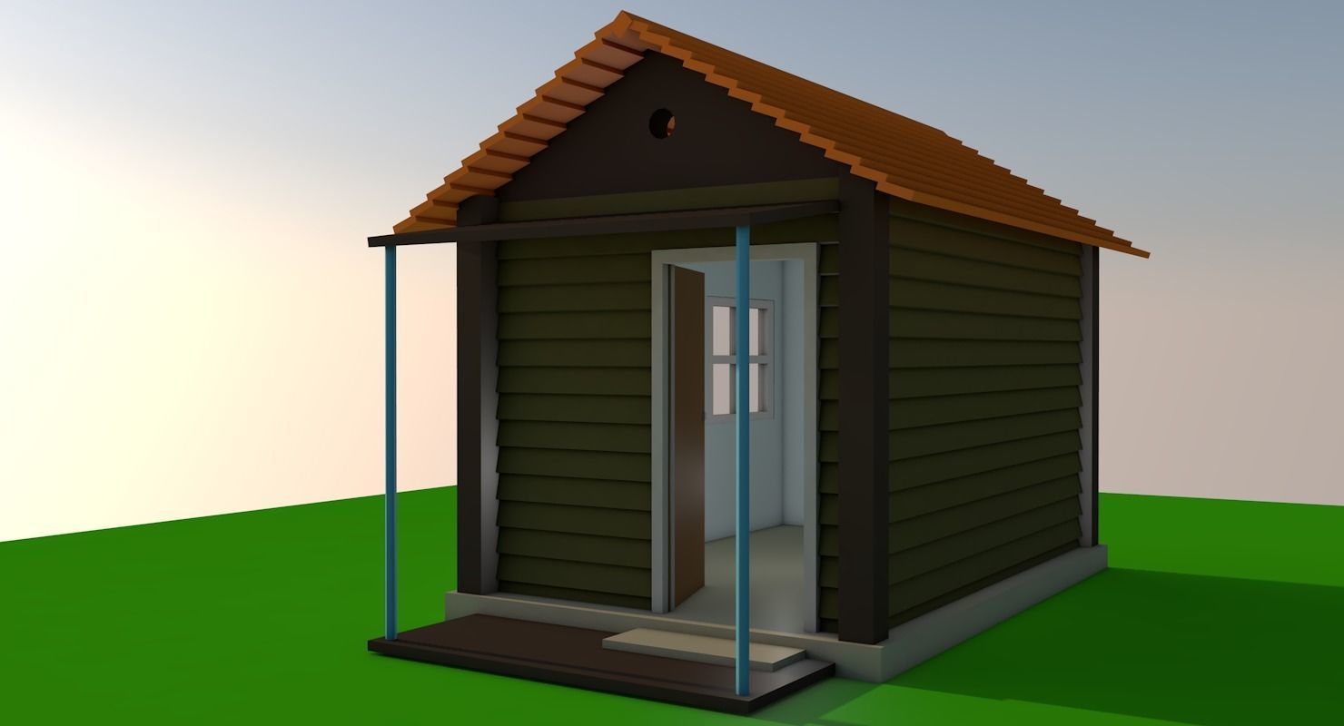 Low poly house on grassy field Low-poly 3D model_6