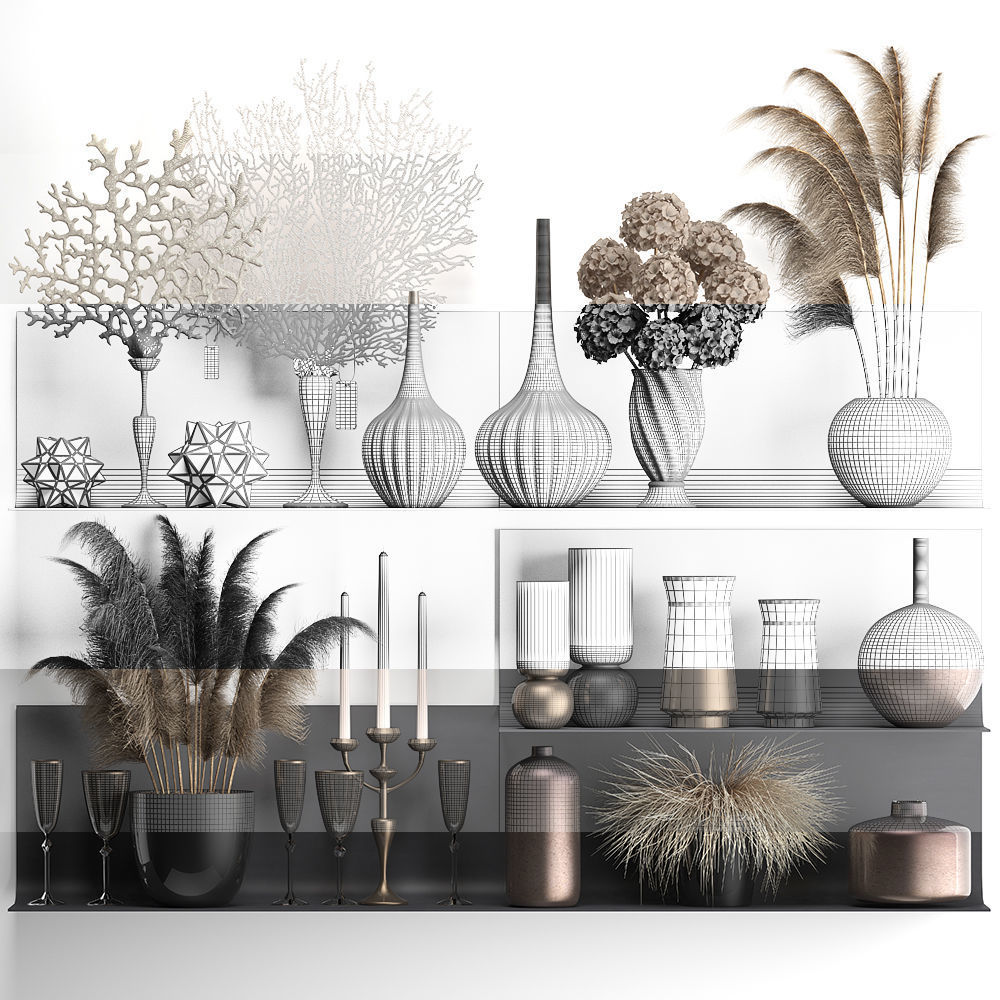Collection of decor dried flowers on a shelf 3D model_5