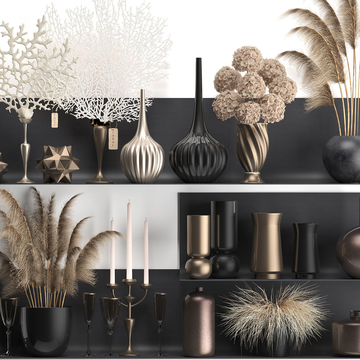 Collection of decor dried flowers on a shelf 3D model_3
