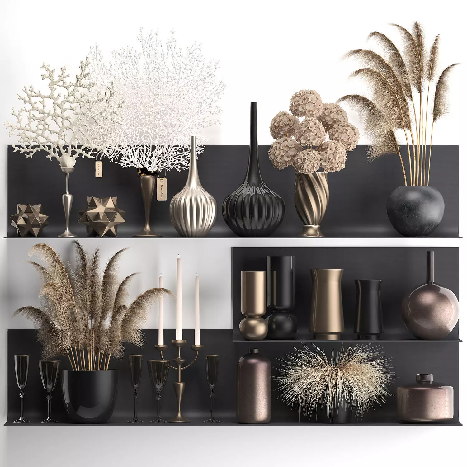Collection of decor dried flowers on a shelf 3D model_0