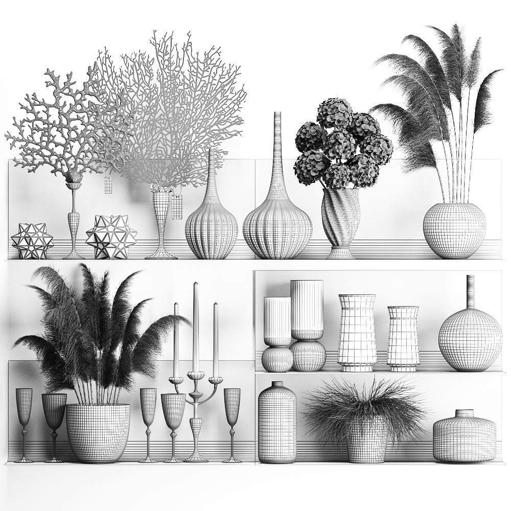 Collection of decor dried flowers on a shelf 3D model_7