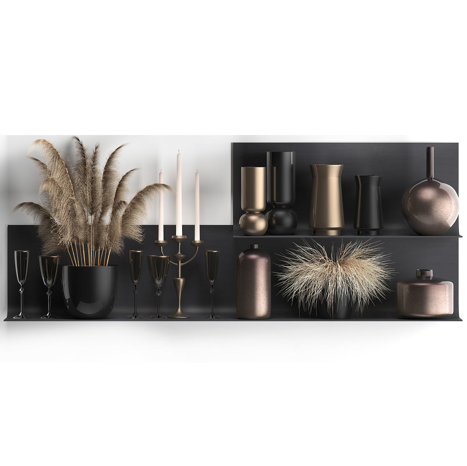 Collection of decor dried flowers on a shelf 3D model_2