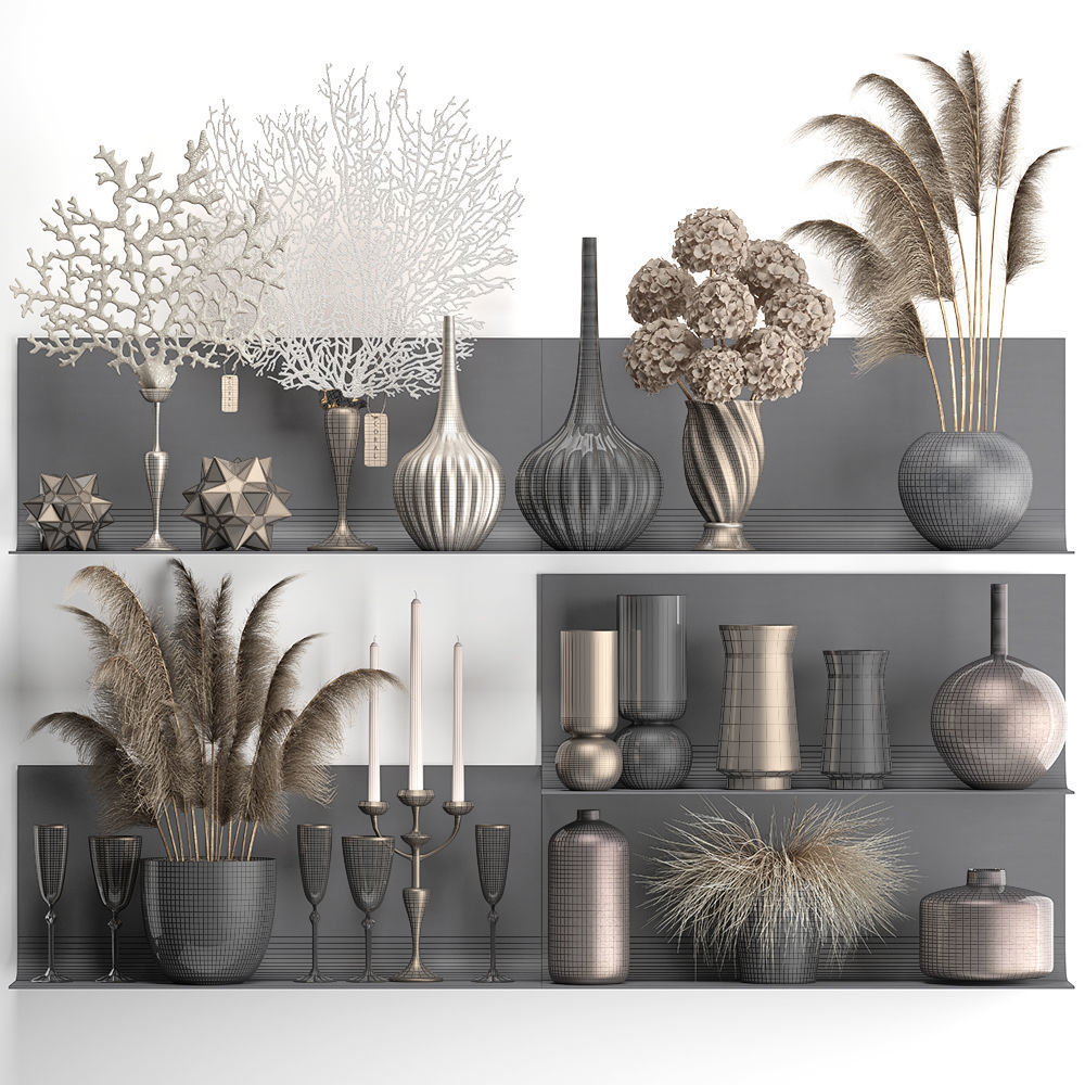Collection of decor dried flowers on a shelf 3D model_6