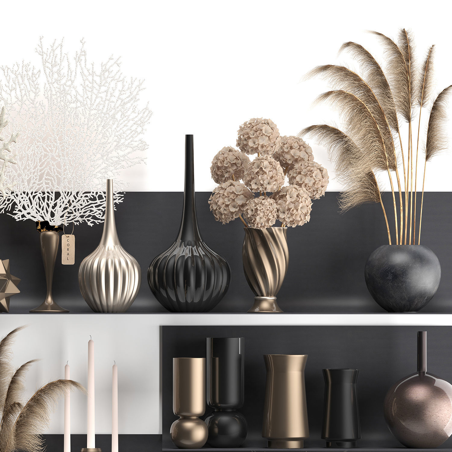 Collection of decor dried flowers on a shelf 3D model_4