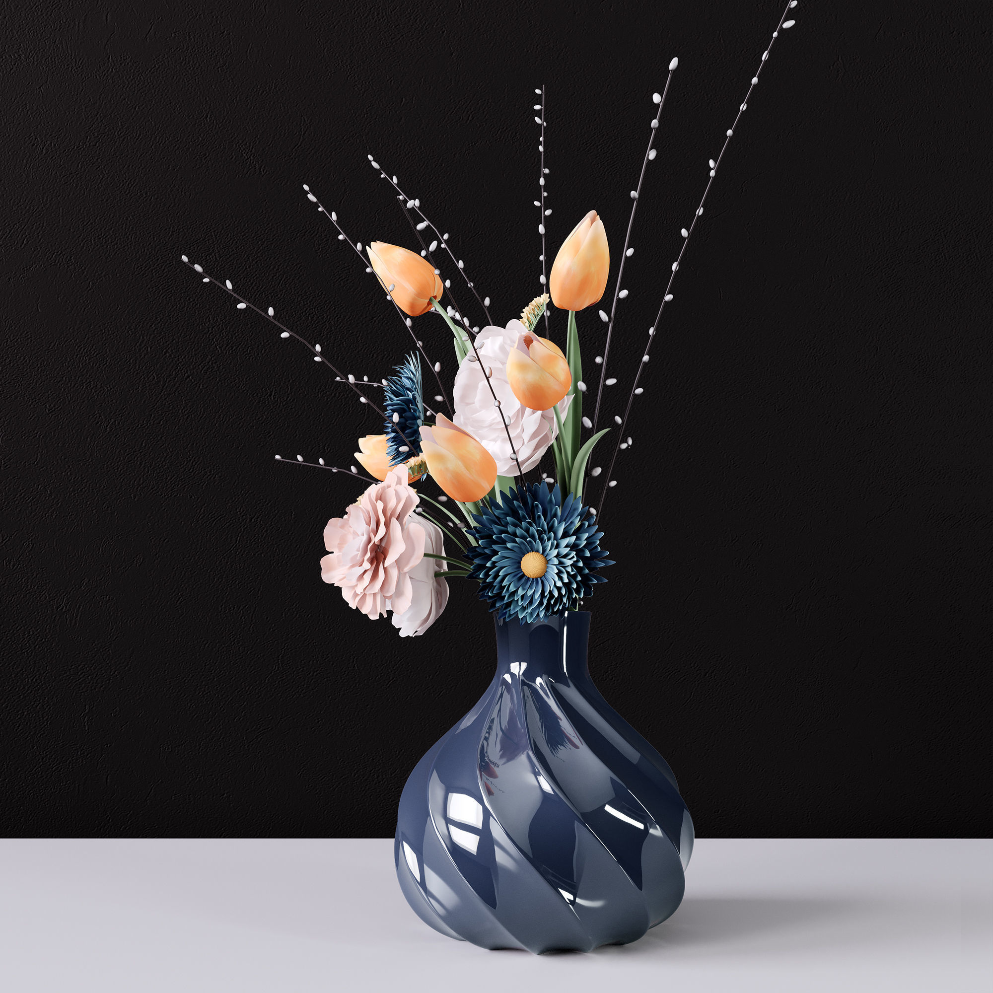 Decor bouquet of flowers in a glass vase 3D model_1