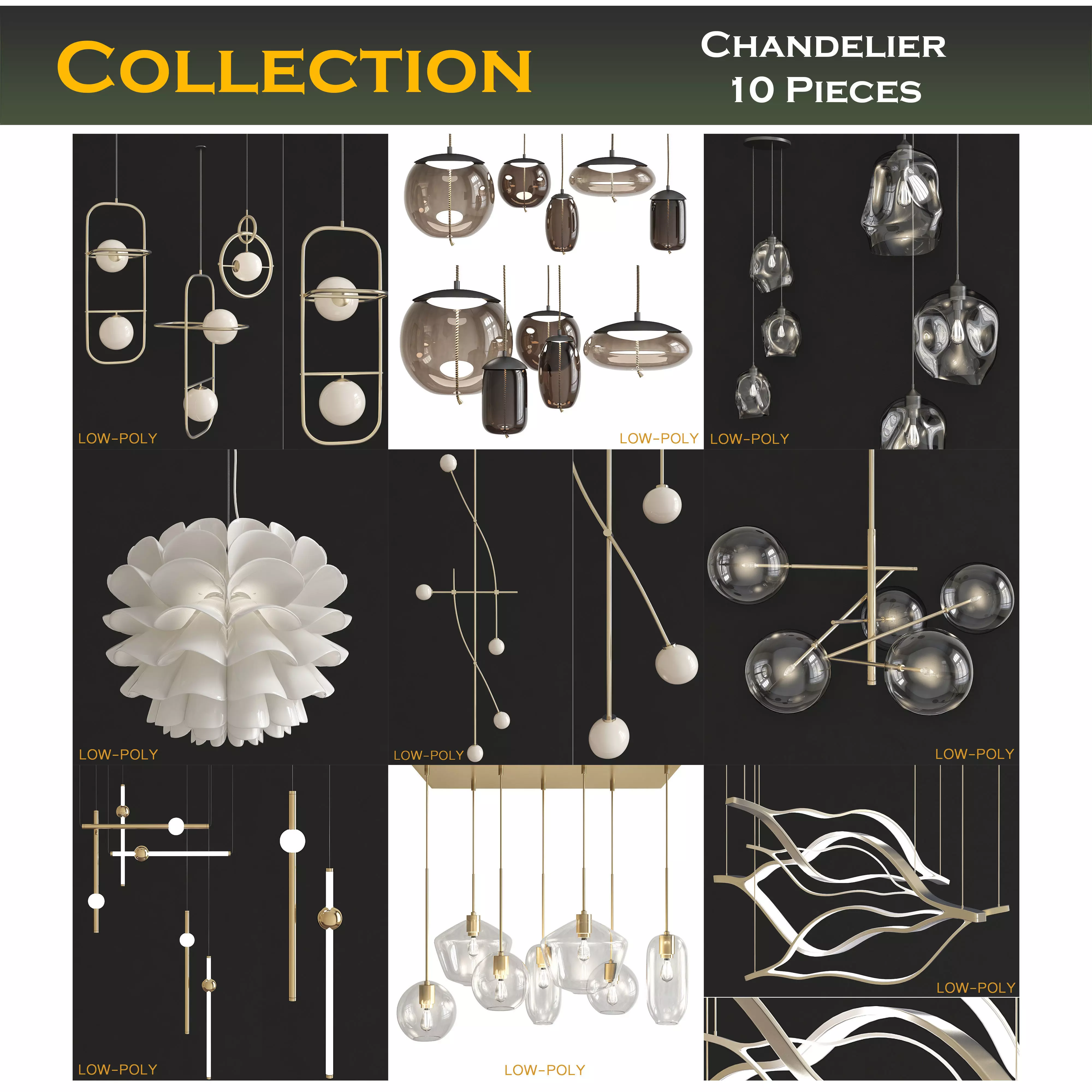 Chandelier collection 3d model pendant light with flower Low-poly 3D model_0