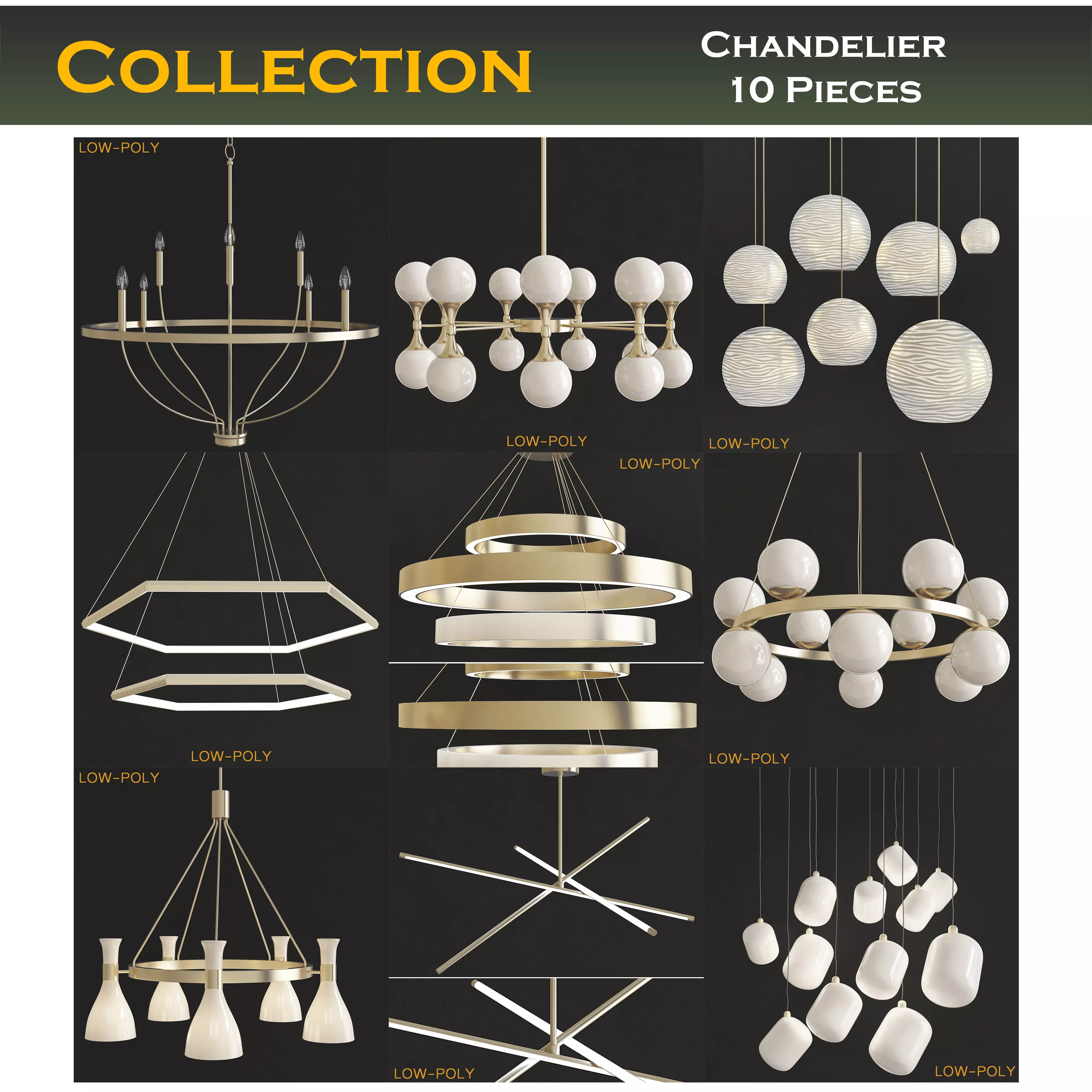 chandelier collection low poly 3d model ceiling light with fo... Low-poly 3D model_0