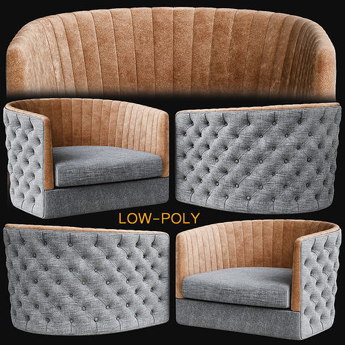 Armchair collection low poly 3d model - chair with wooden legs Low-poly 3D model 6