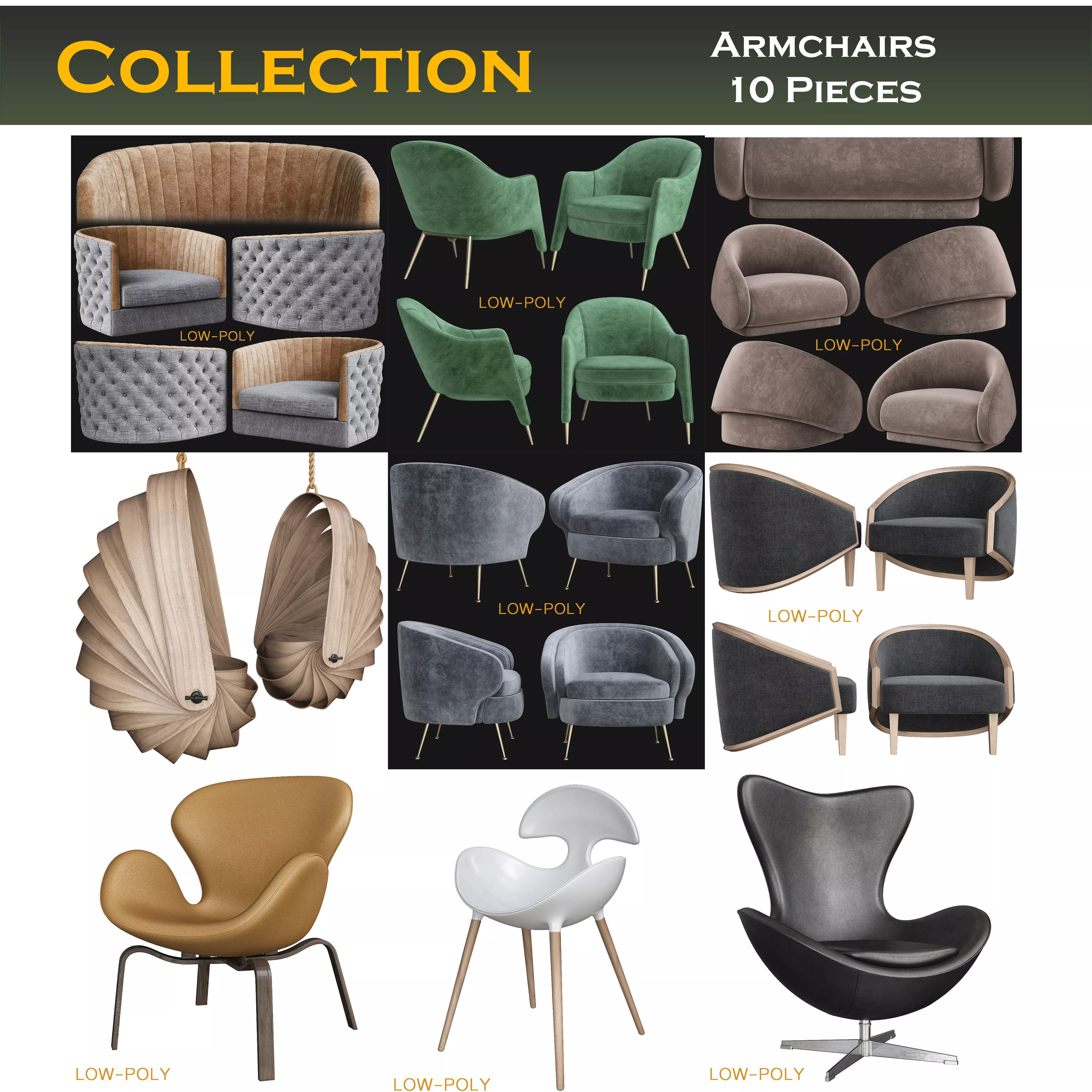 Armchair collection low poly 3d model - chair with wooden legs Low-poly 3D model_0