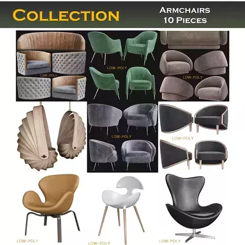 Armchair collection low poly 3d model - chair with wooden legs Low-poly 3D model