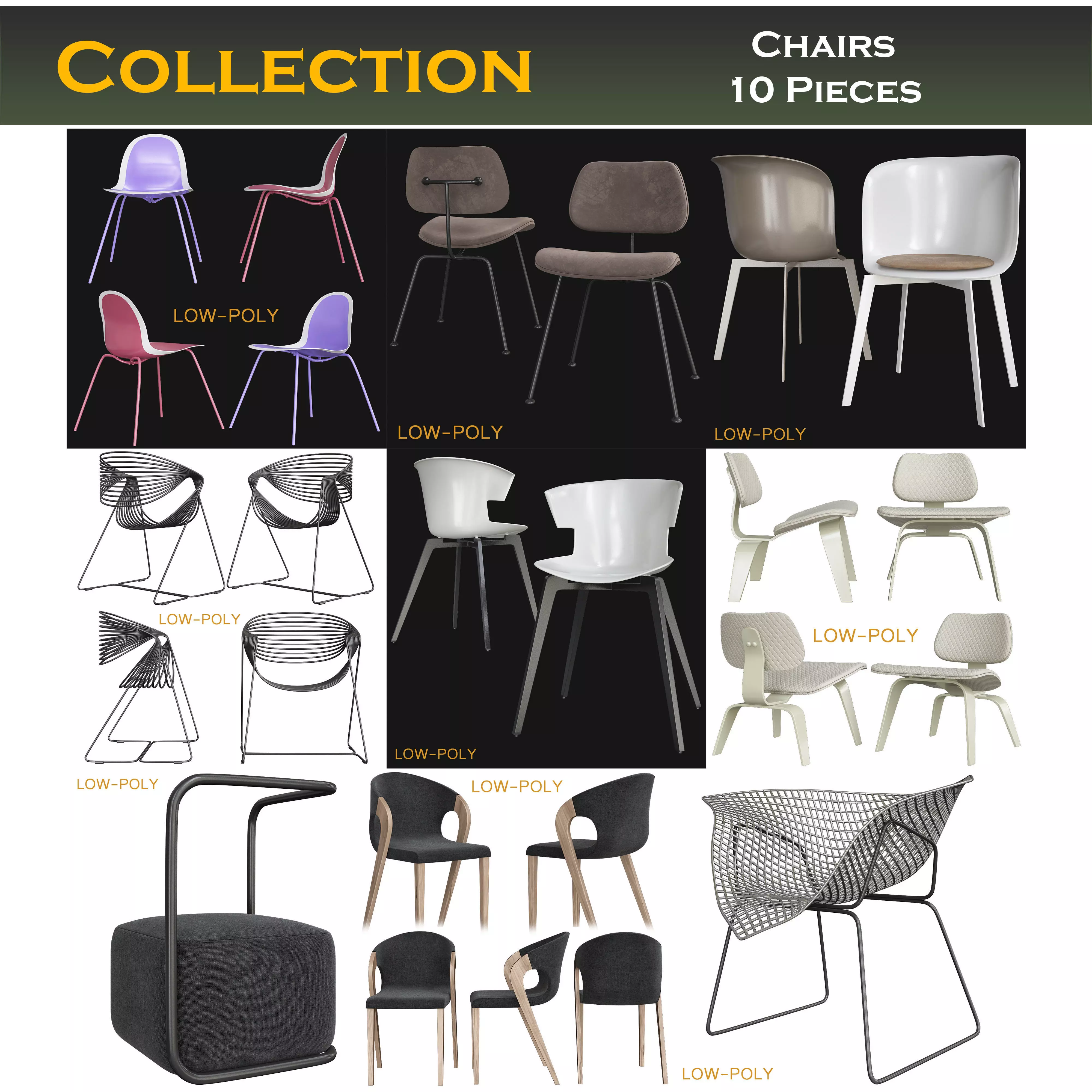 Chair collection low poly 3d model - dining Low-poly 3D model_0