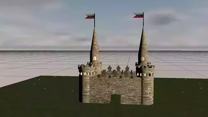 castle with flags on top Low-poly 3D model