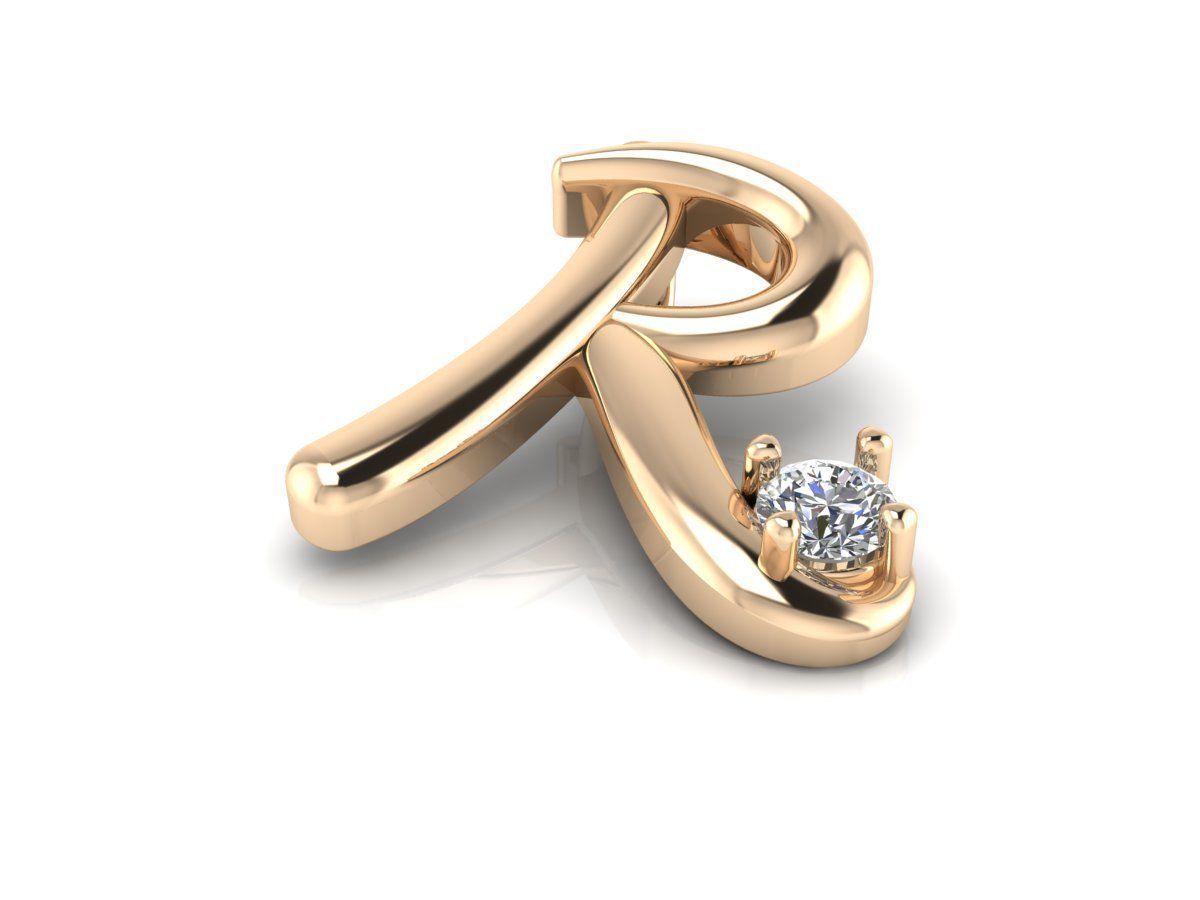 Pendant R initial gold with diamond 3D print model_4