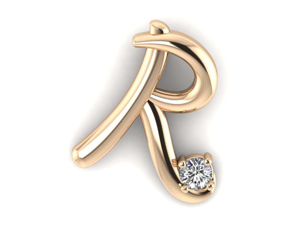 Pendant R initial gold with diamond 3D print model_1